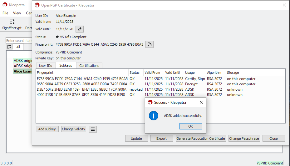 Kleopatra subkey details view showing success message after adding the ADSK